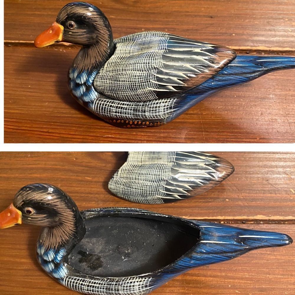 Vintage Ceramic Duck Trinket Box with Removable Top Hand Painted Brown Blue CUTE